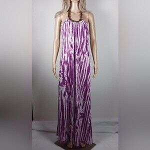 L8ter Purple Tie-Dye Beaded Halter Sleeveless Maxi Dress Size L